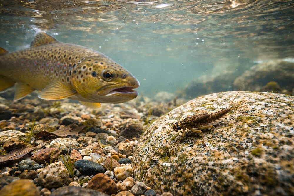 Trout approaching mayfly nymph underwater