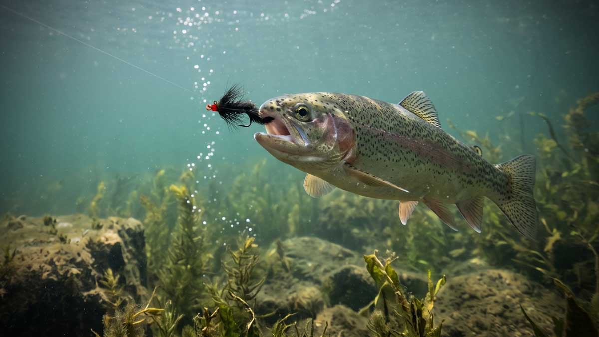 large trout eating balanced leach in lake