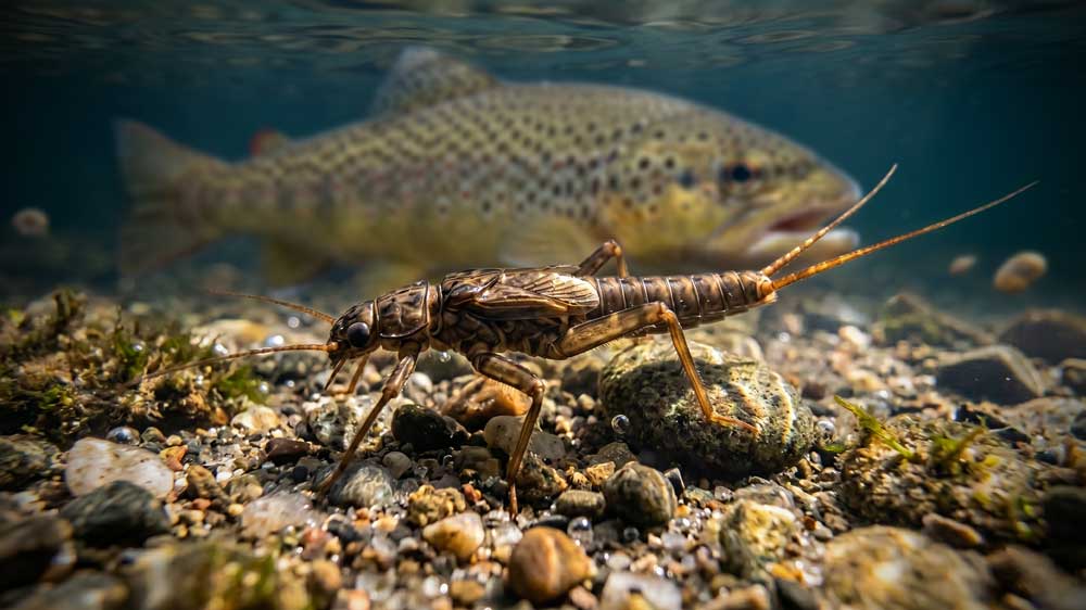 stonefly on river bed with large trout behind it