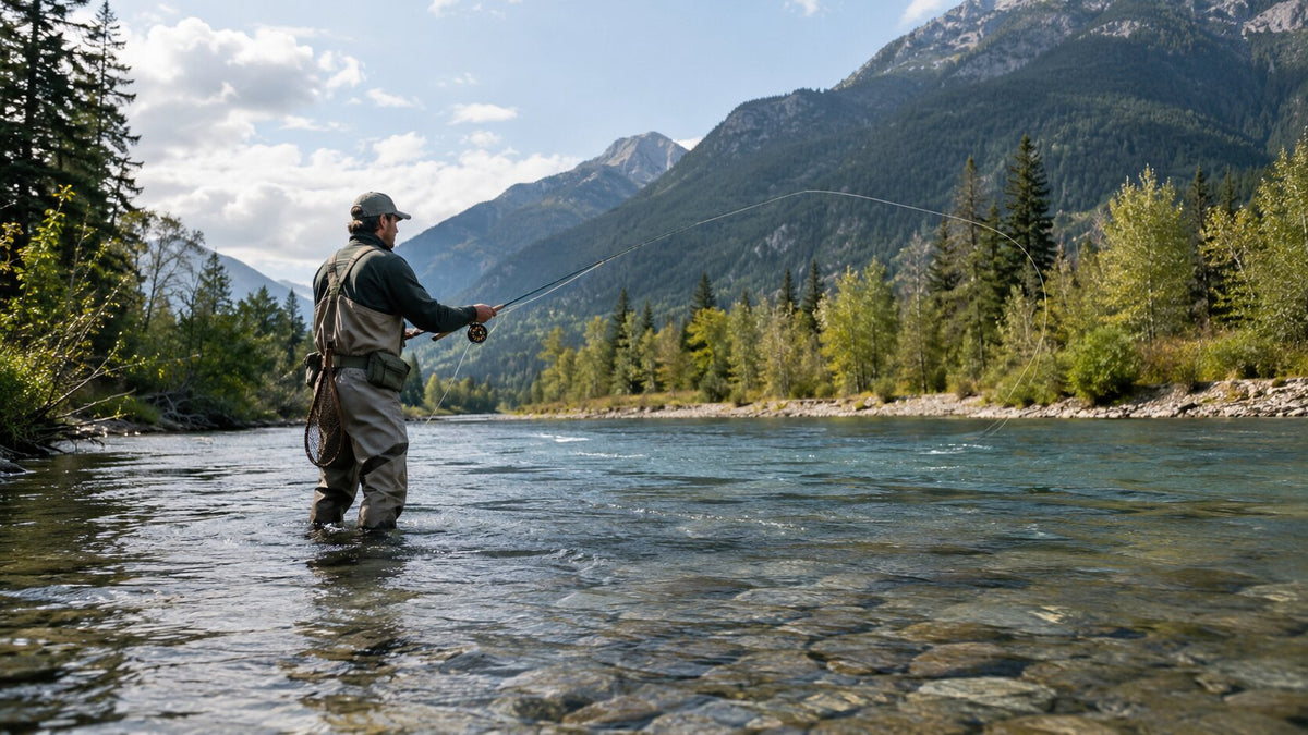 Fly fisherman casting in a clear mountain river surrounded by forested peaks