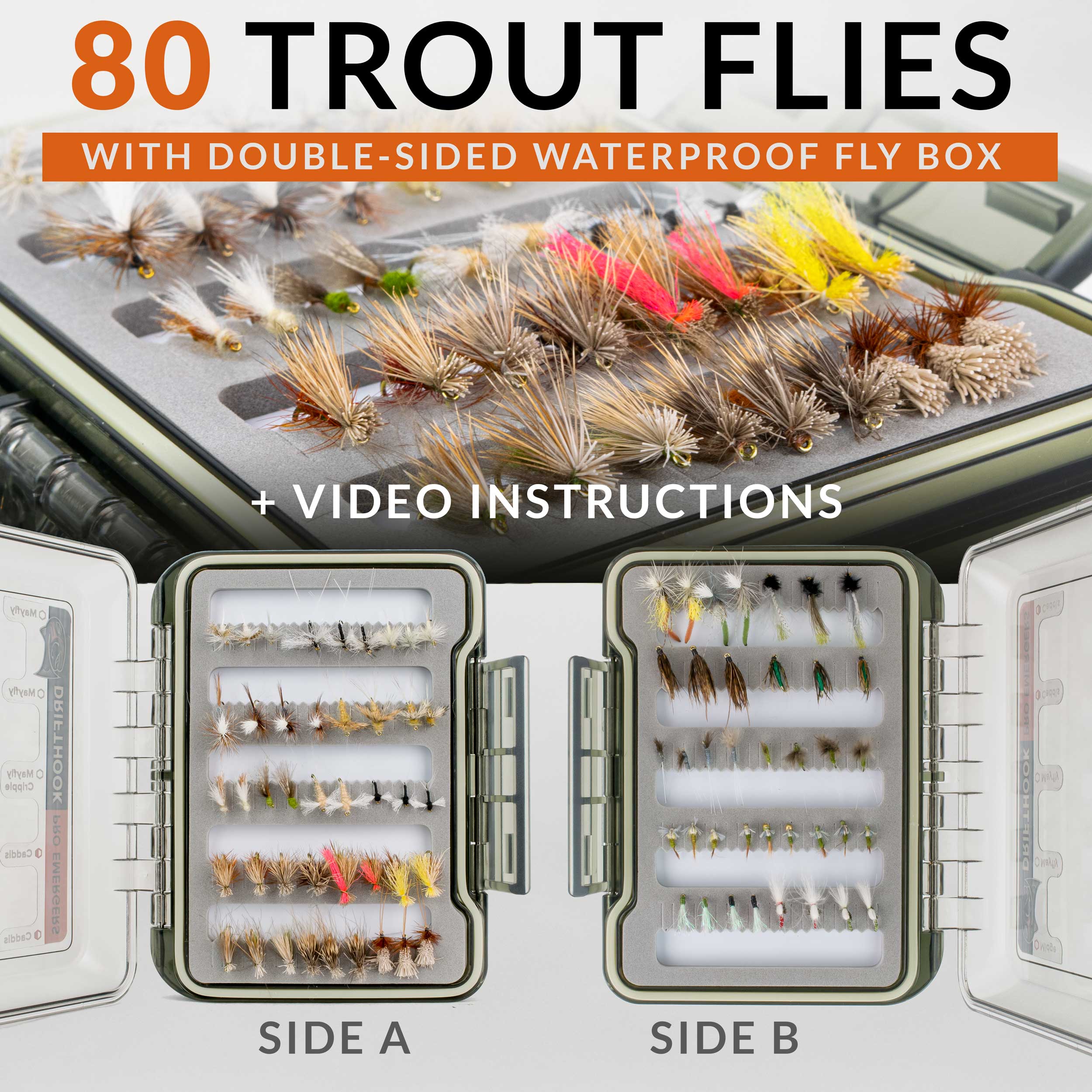 Pro Emergers Fly Fishing Kit | 80 Fly Fishing Flies with Box & Guides - Drifthook
